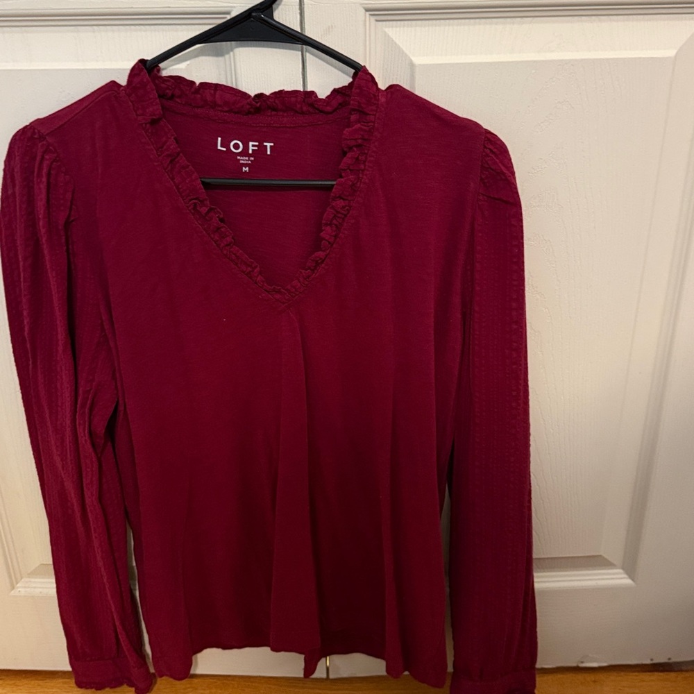 LOFT Deep Red Ruffled V-Neck Blouse